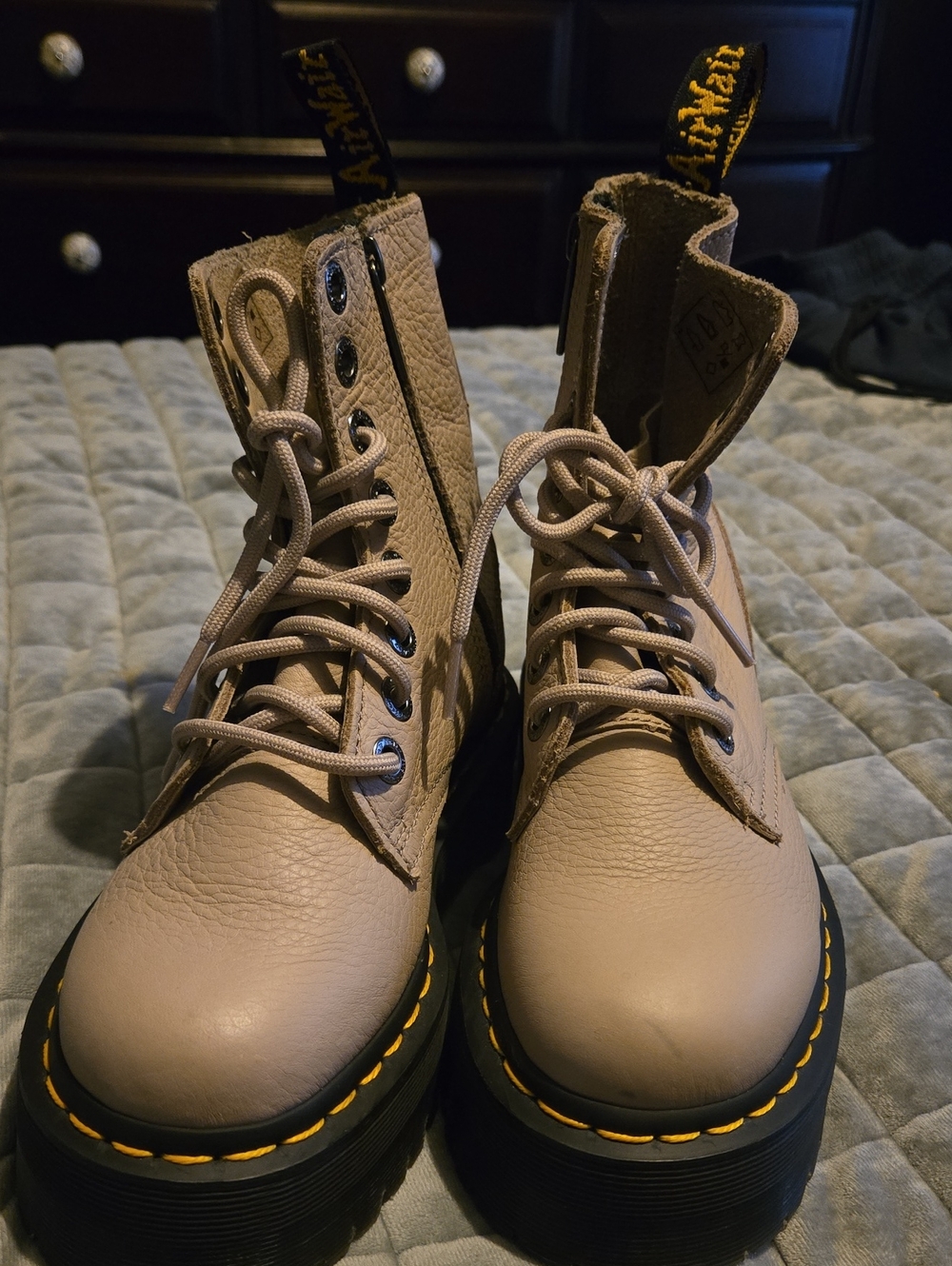Dr. Martens Beige Leather Platform Lace-Up Boots